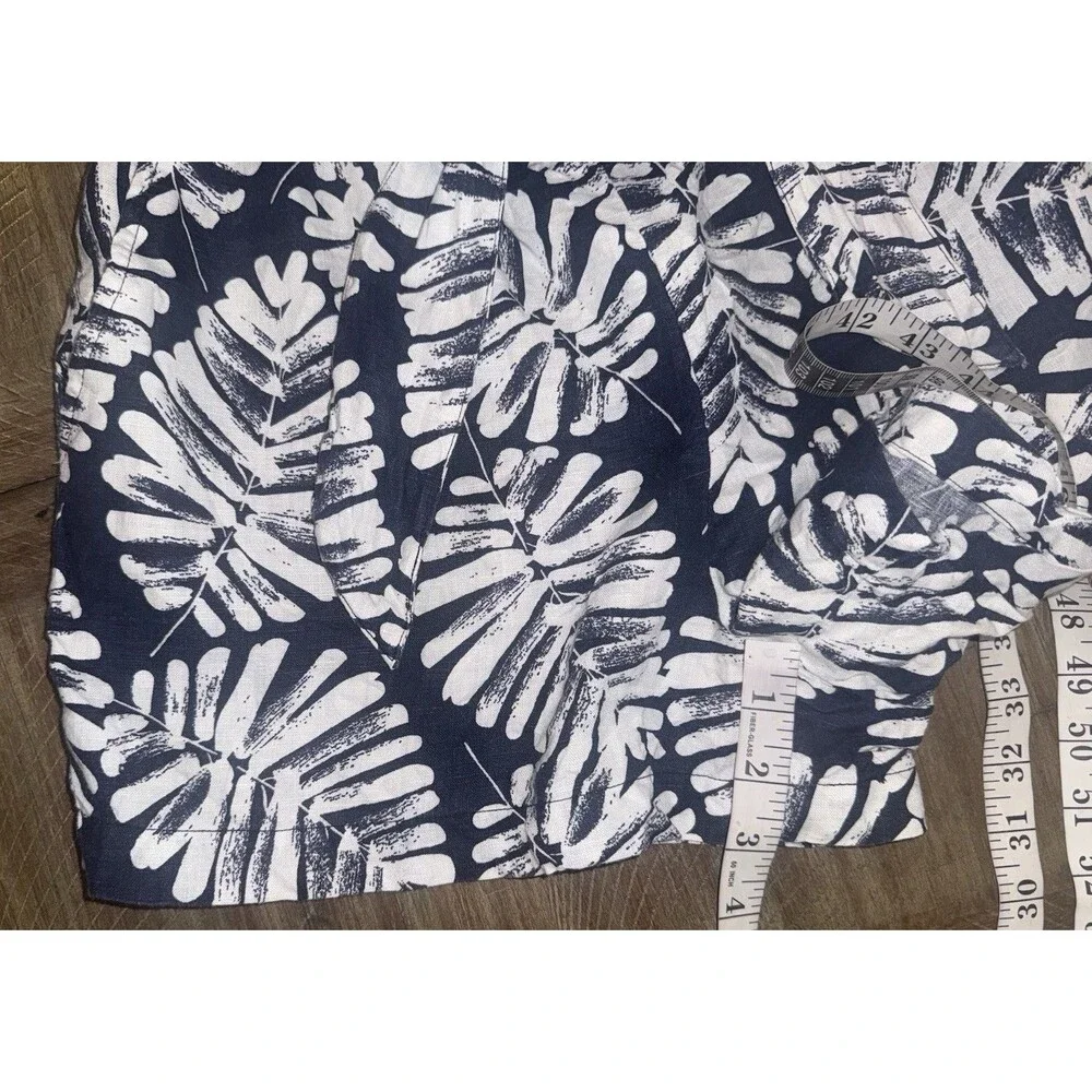 Banana Republic Blue White Palm Leaf Print 100% Linen Tie Waist Romper Size 6